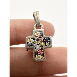 Vintage Italy Micro Mosaic Millefiori Flowers Cross Pendant Silver Tone